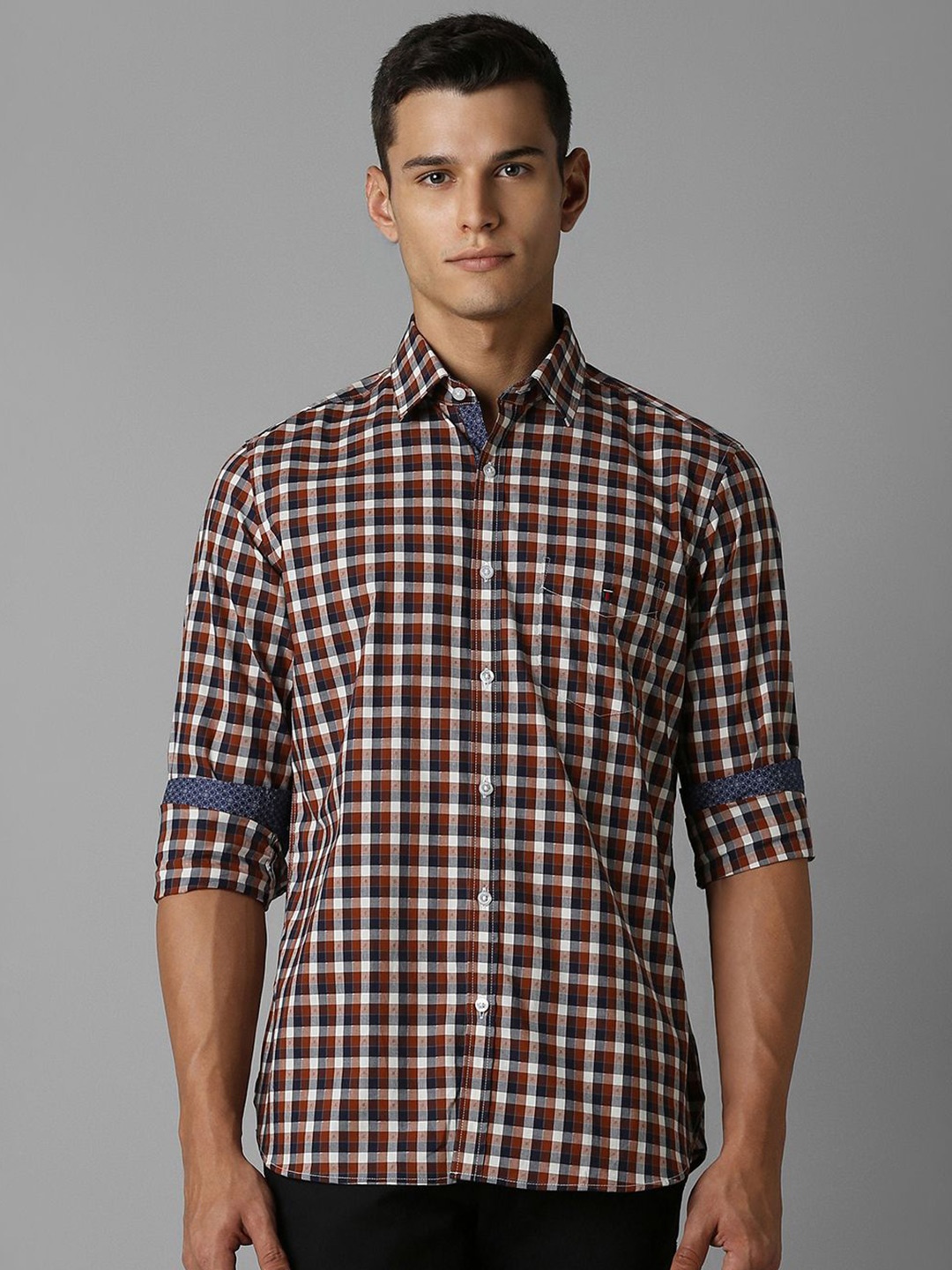 

Louis Philippe Sport Men Spread Collar Tartan Checked Cotton Slim Fit Casual Shirt, Navy blue