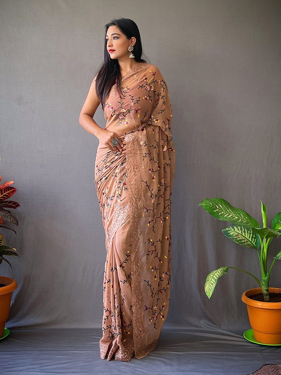 

elora Floral Embroidered Pure Georgette Saree, Camel brown