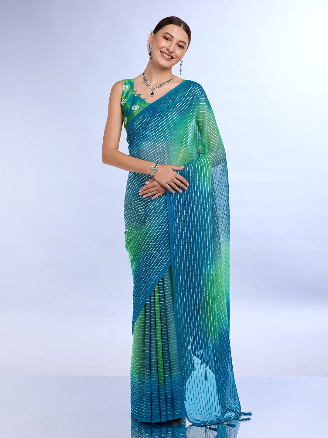 

Ishin Striped Poly Chiffon Saree, Green