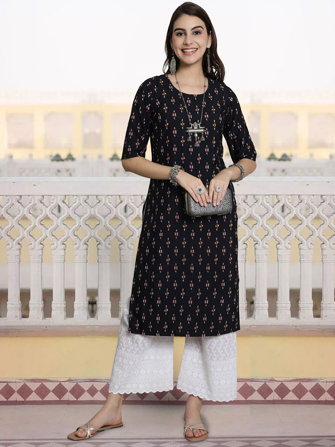 

7Threads Ethnic Motifs Printed Crepe Straight Kurta, Black