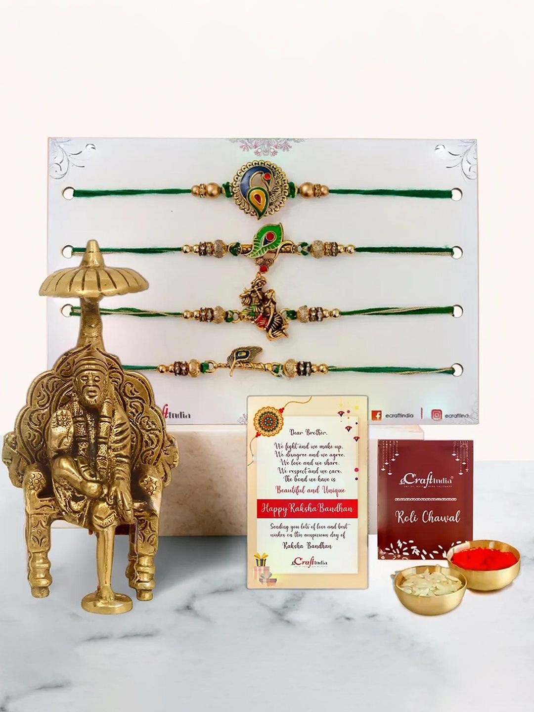 

eCraftIndia Set of 5 Designer Rakhis With Brass Shirdi Sai Baba Idol, Gold