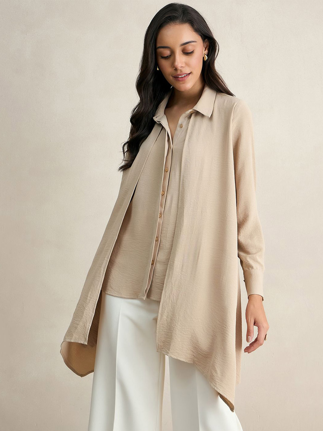 

FEMMELLA Women Comfort Spread Collar Solid Casual Shirt, Beige