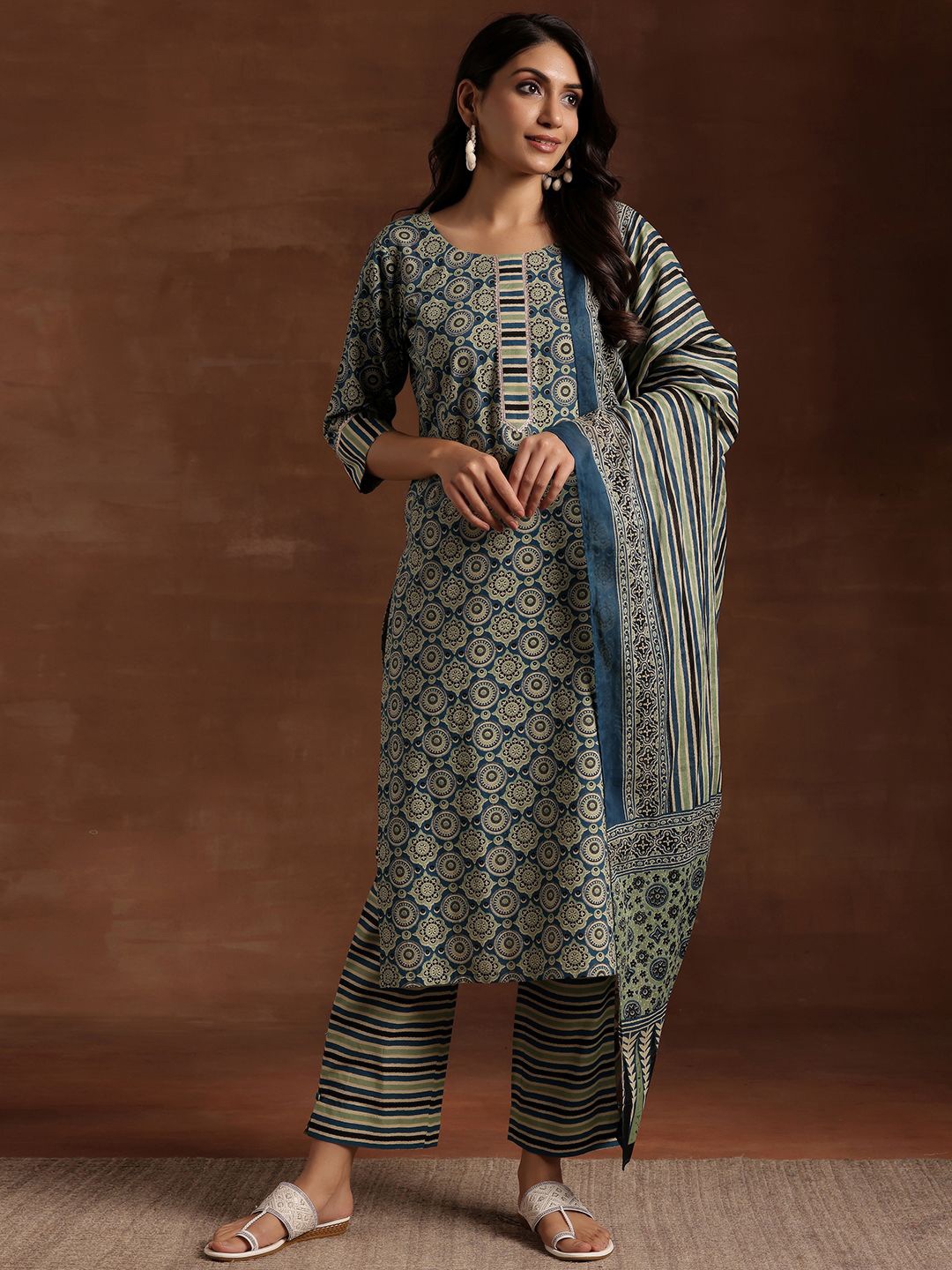 

Libas Ethnic Motifs Printed Gotta Patti Pure Cotton Kurta with Trousers & Dupatta, Blue