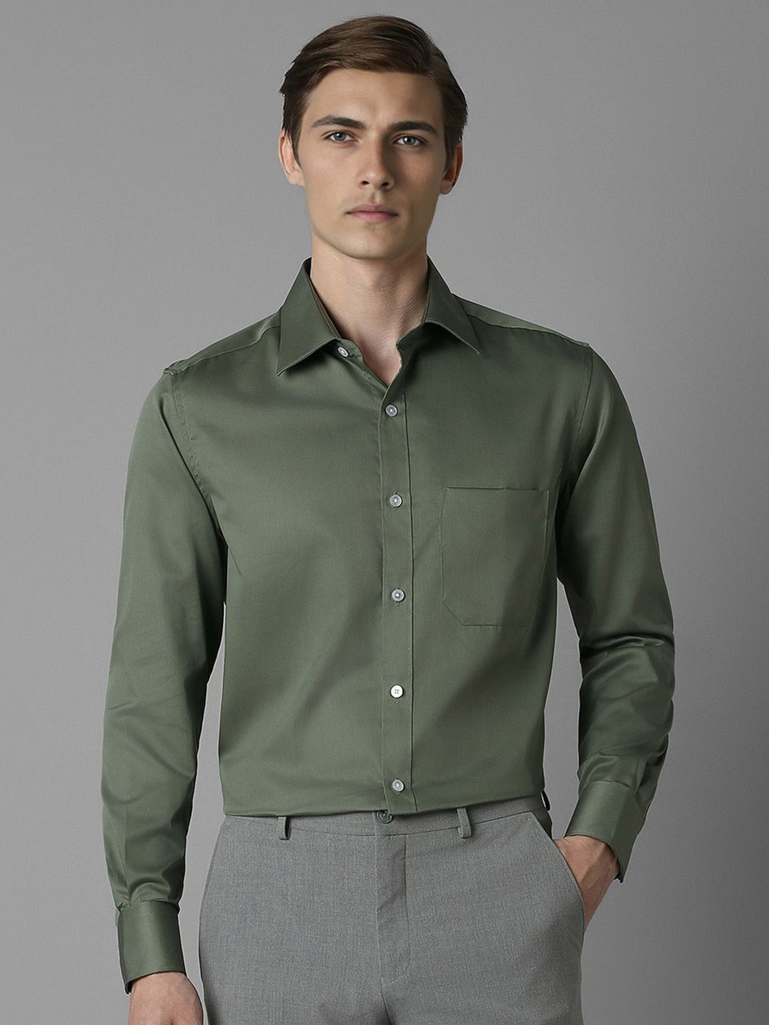 

Louis Philippe Men Classic Spread Collar Solid Cotton Formal Shirt, Olive