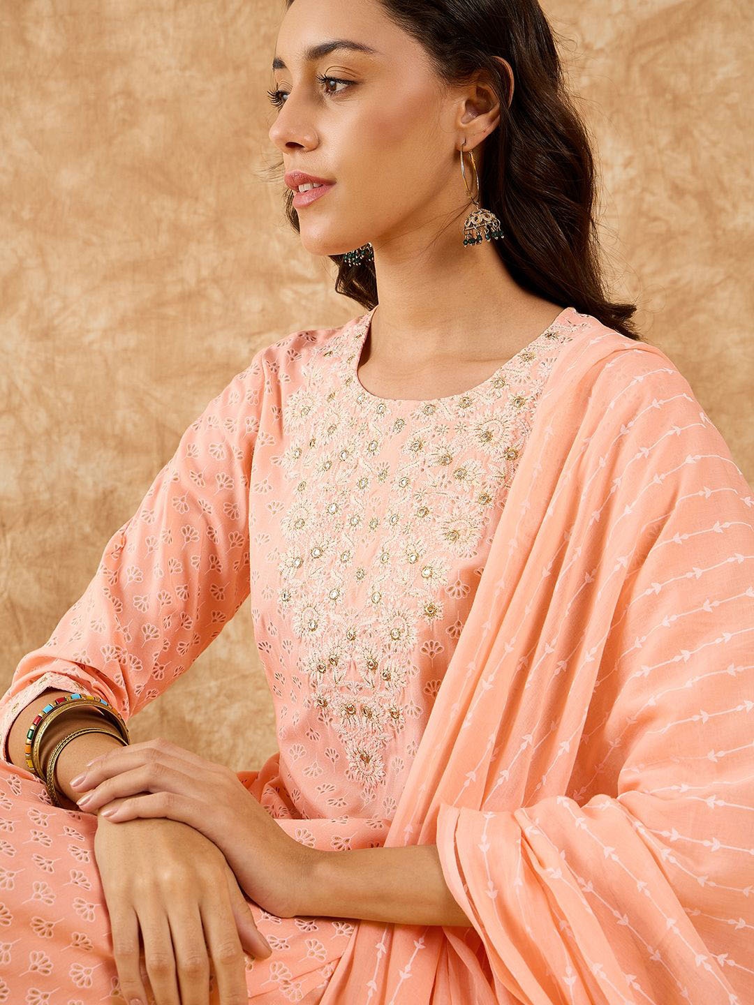 

Indo Era Floral Printed Straight Mirror Work Kurta with Trousers & Dupatta, Peach