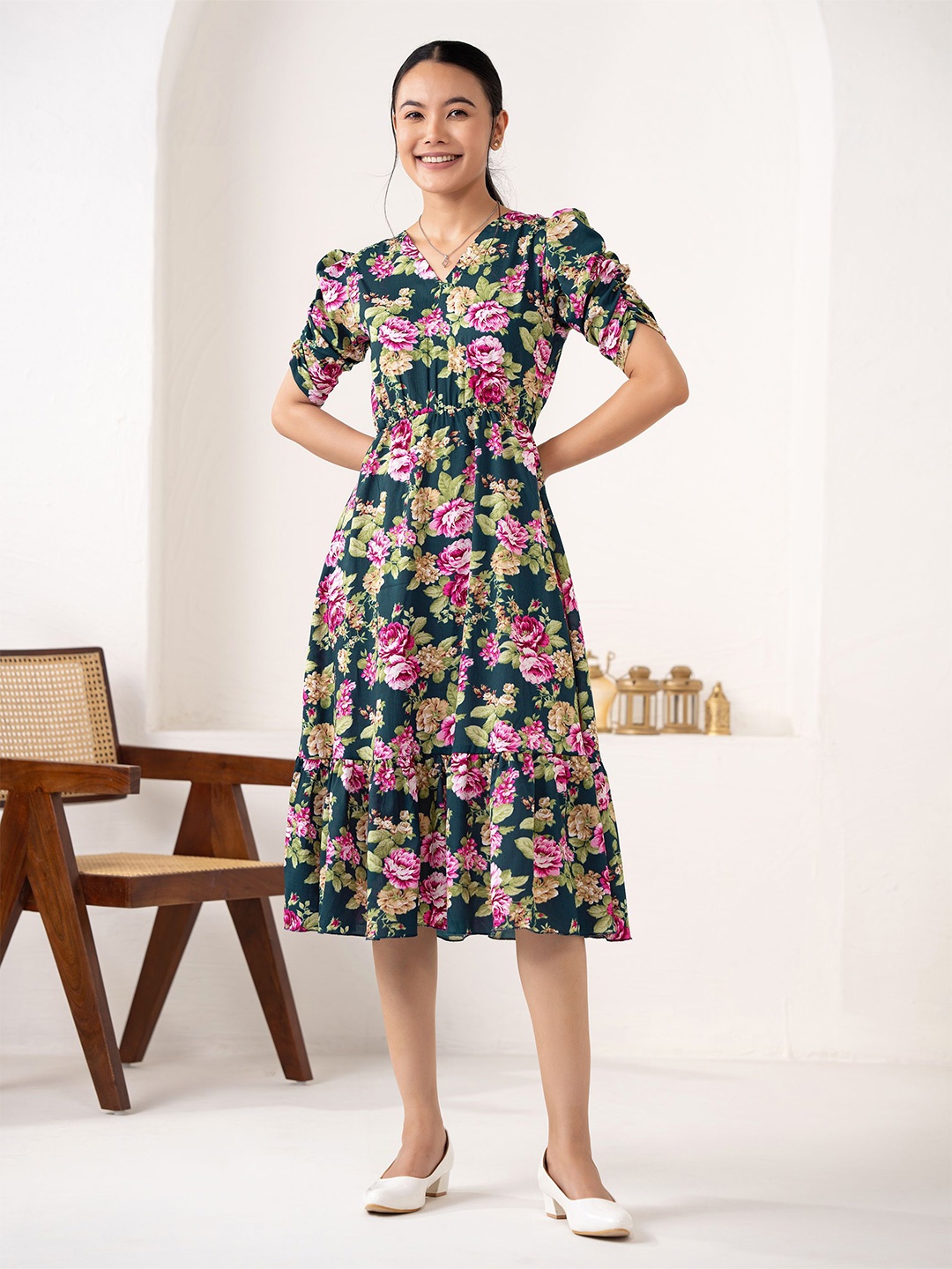 

DressBerry Floral Printed Puff Sleeve Crepe Fit & Flare Midi Dress, Green