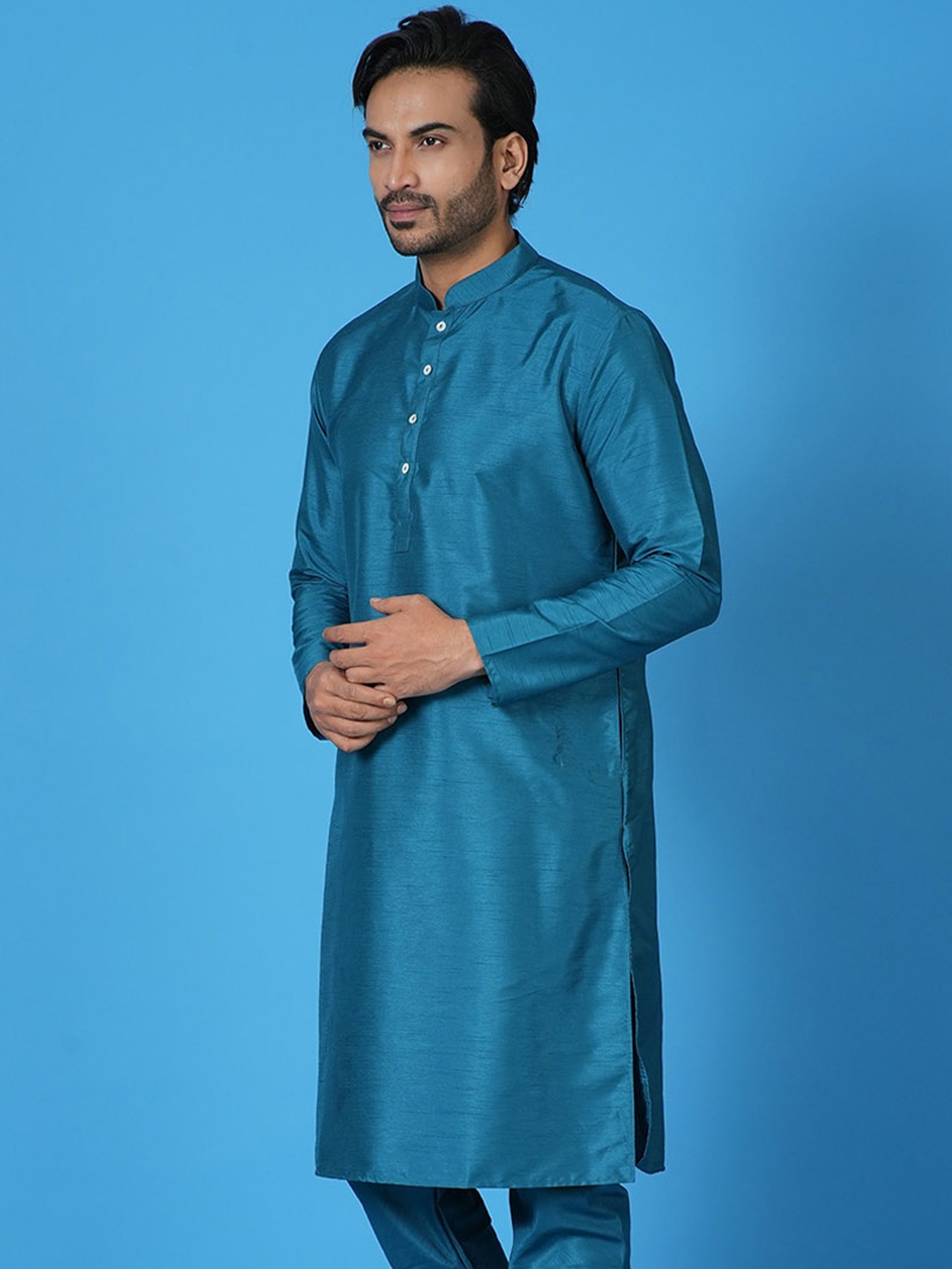 

Sayisha Mandarin Collar Long Sleeves Silk Straight kurta, Teal