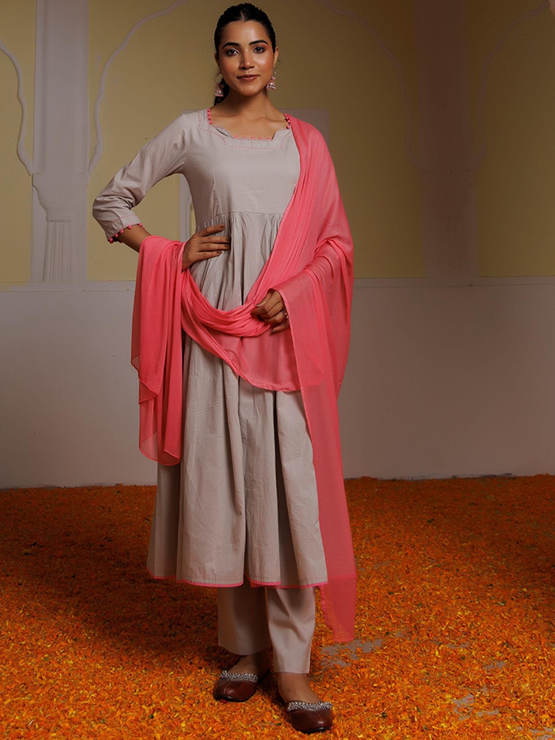 

Ragavi Sweetheart Neck Pure Cotton A Line Kurta & Trousers With Dupatta, Grey