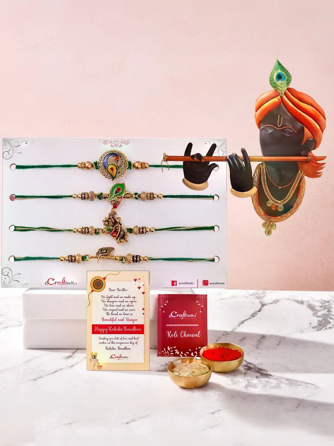 

eCraftIndia Set Of 4 Rakhis With Krishna Flute Wall Hanging Greeting Card & Roli Chawal, Green