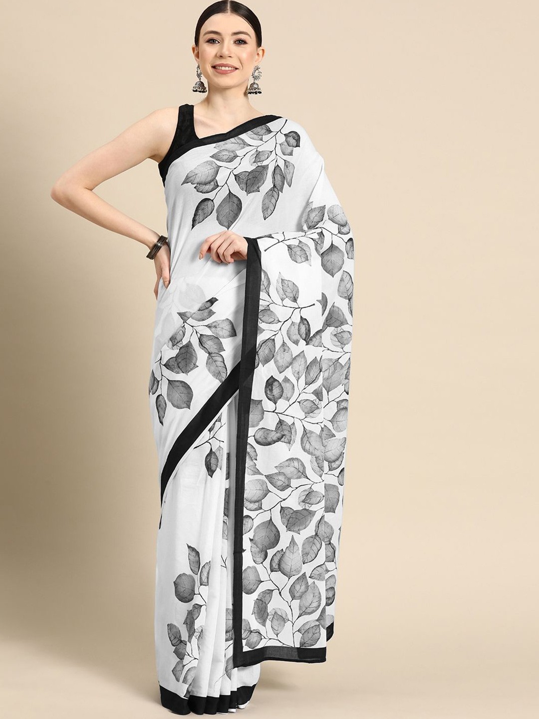 

BUTA BUTI Leaf Design Pure Cotton Saree, Grey
