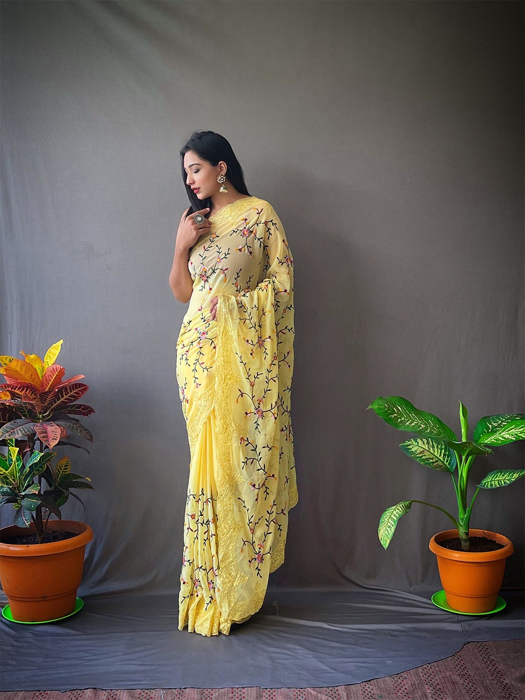 

elora Floral Embroidered Pure Georgette Saree, Yellow
