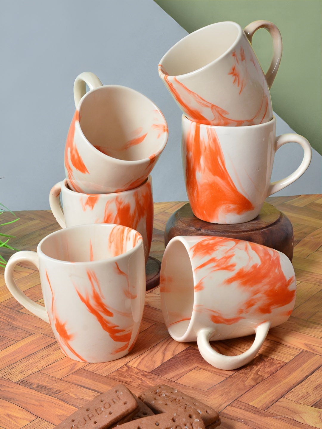 

FABINALIV Set of 6 White & Orange Printed Ceramics Glossy Cups