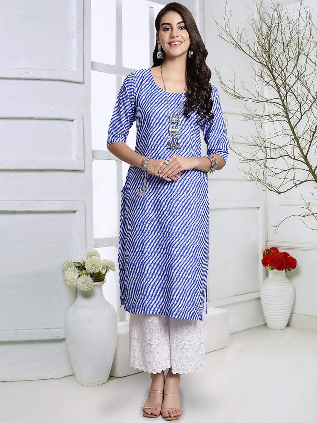 

7Threads Leheriya Printed Crepe Straight Kurta, Blue