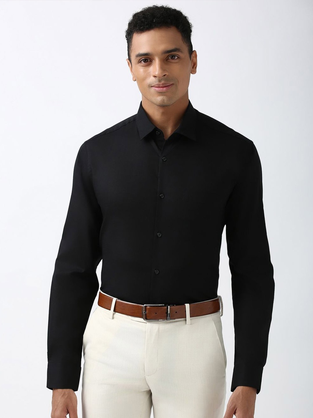 

Peter England Men Classic Spread Collar Solid Cotton Formal Shirt, Black