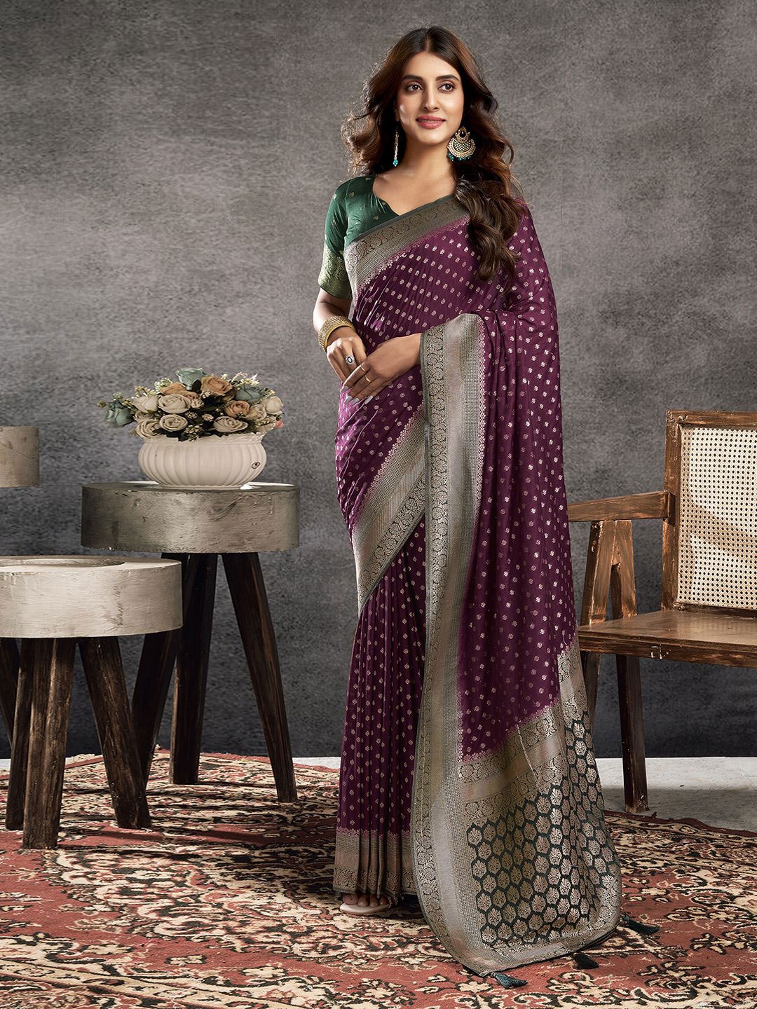 

Satrani Woven Design Zari Pure Georgette Banarasi Saree, Purple