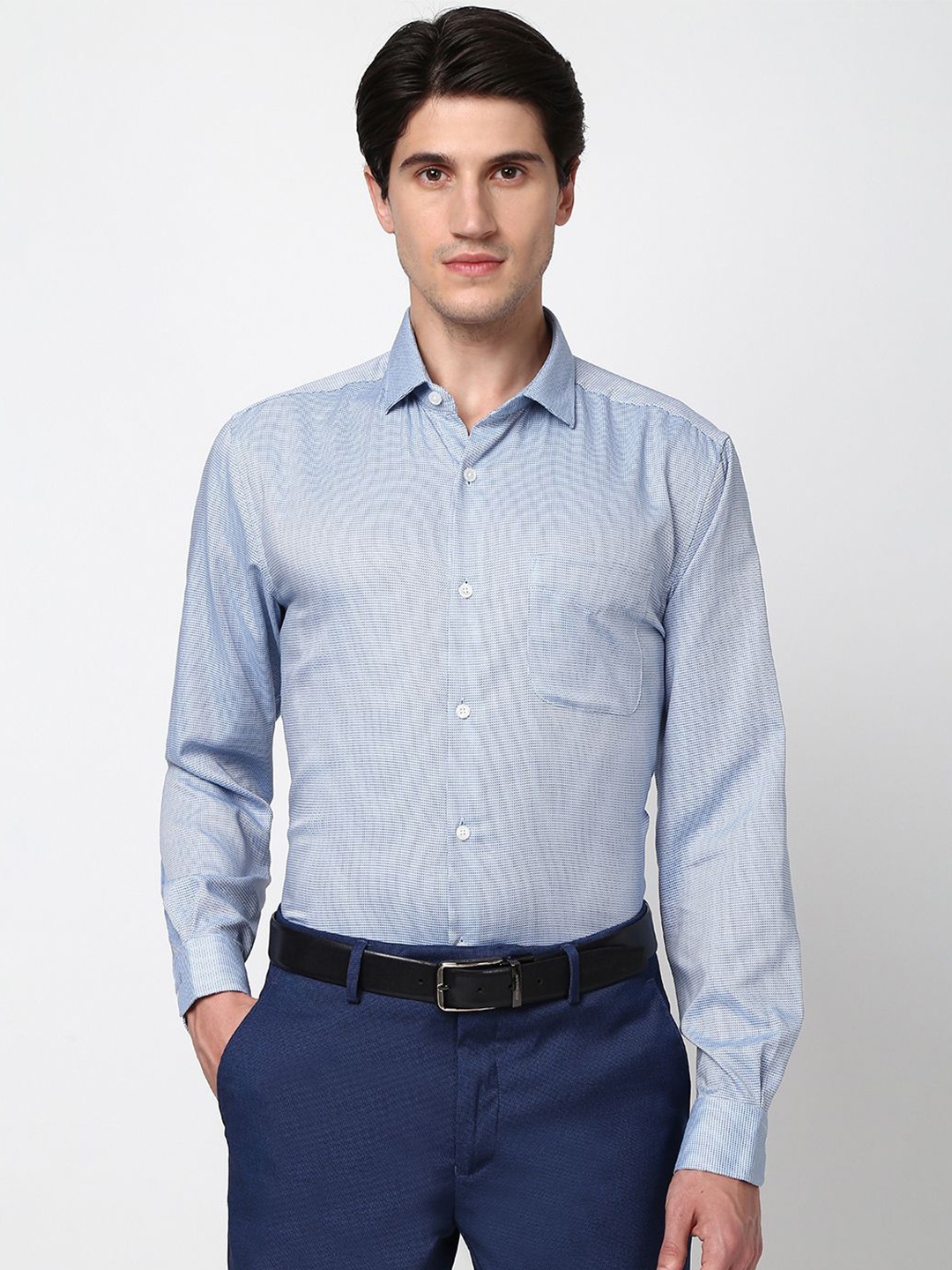 

Peter England Elite Men Spread Collar Geometric Printed Cotton Formal Shirt, Blue