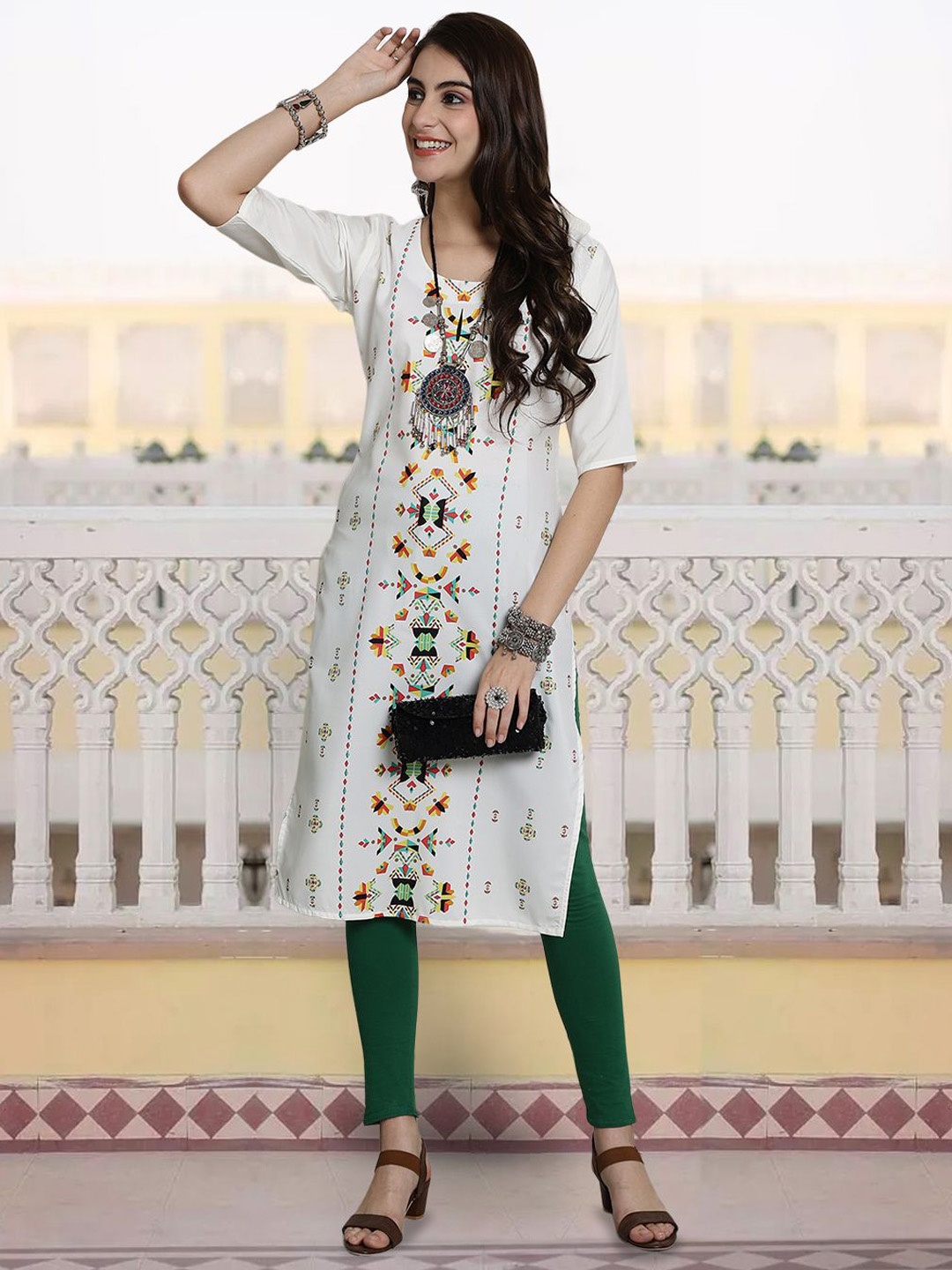 

7Threads Geometric Printed Round Neck Straight Kurta, Off white
