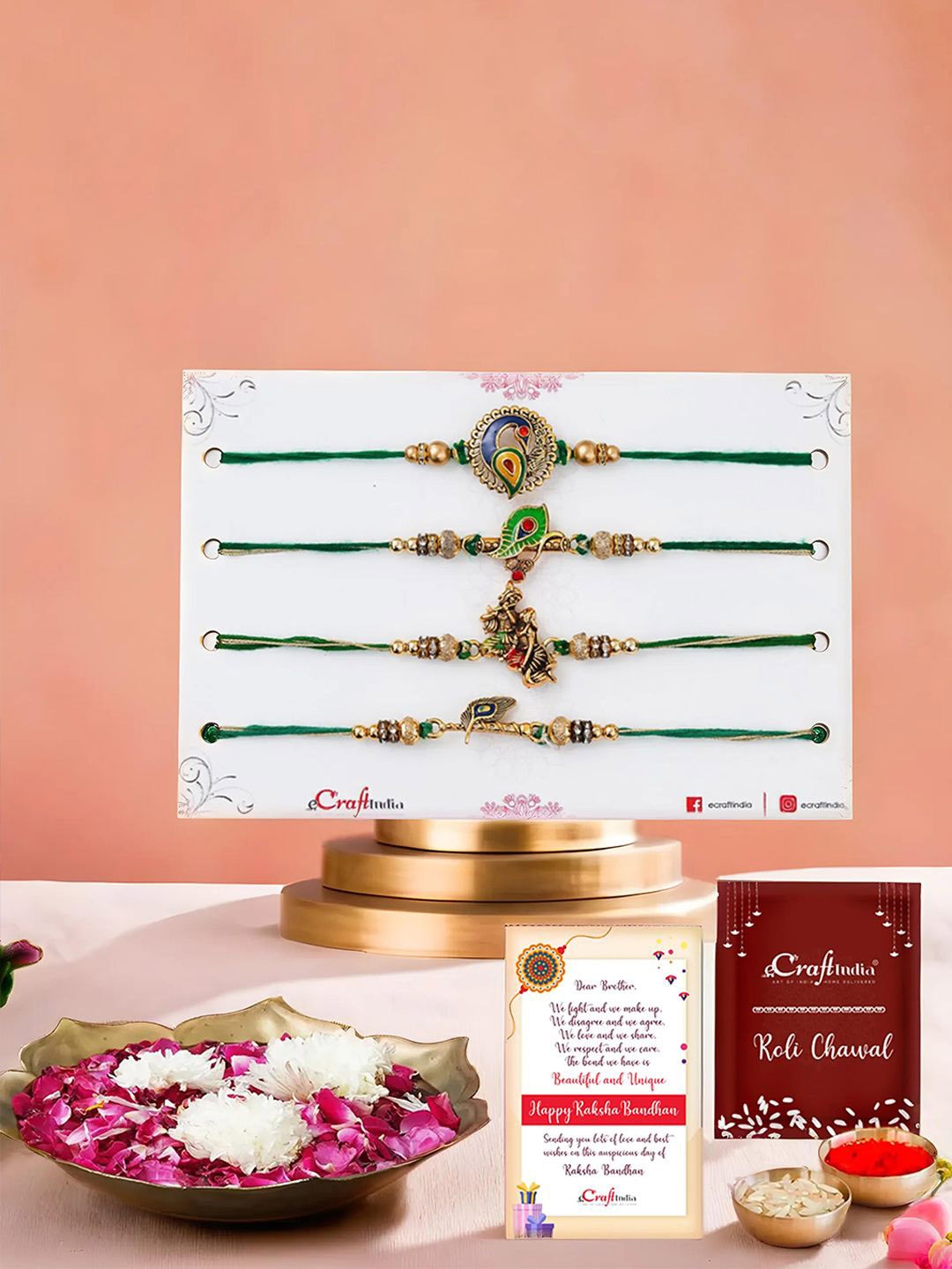 

eCraftIndia Set of 5 Designer Rakhis With Urli Gift Set, Gold