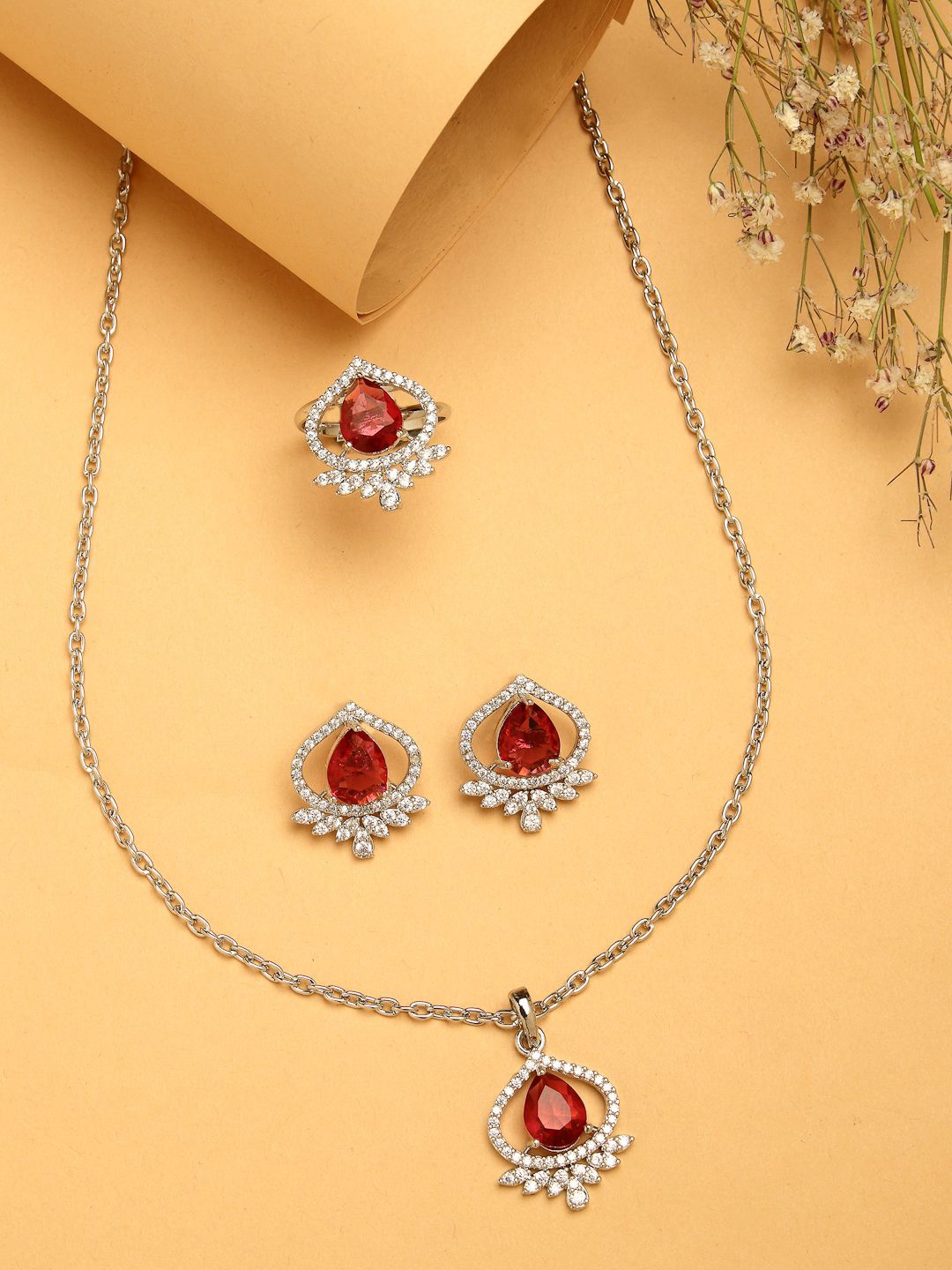 

ZENEME Silver-Plated AD-Studded Trilliant Crystal Necklace and Earrings With Ring