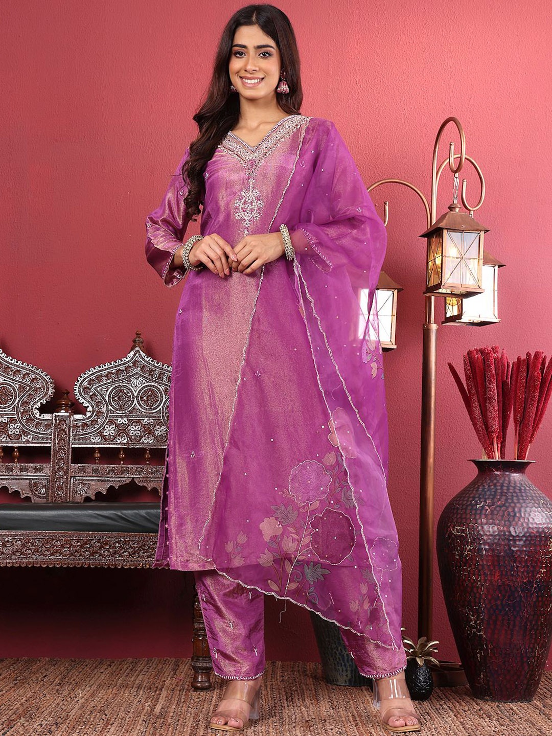 

Varanga Floral Embroidered Beads and Stones Straight Kurta With Trouser & Dupatta, Purple