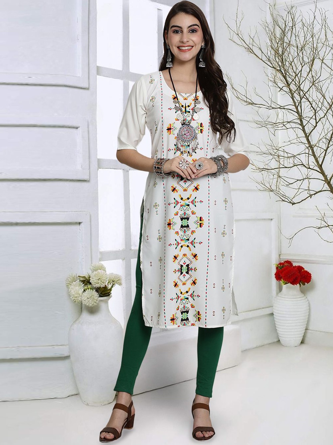 

7Threads Ethnic Motifs Printed Round Neck Crepe Straight Kurta, White