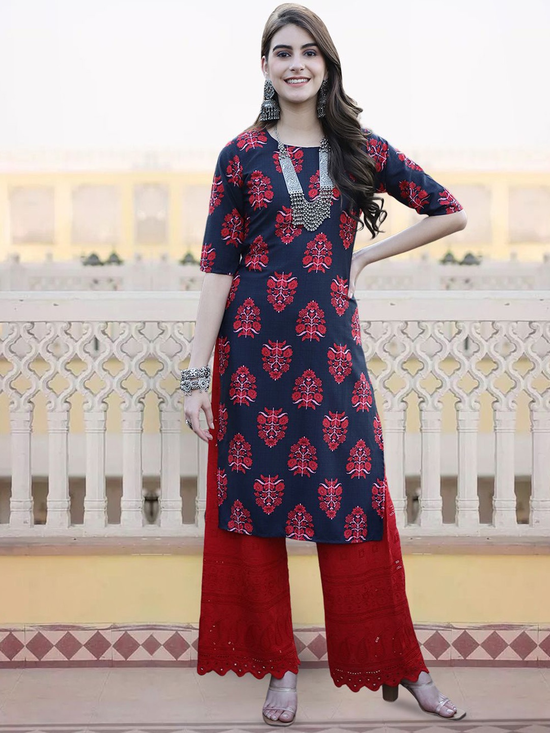 

7Threads Ethnic Motifs Printed Round Neck Straight Kurta, Navy blue