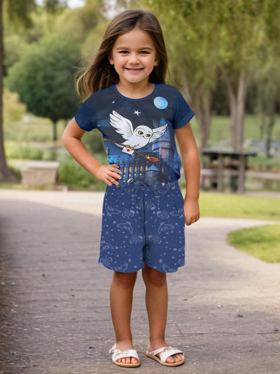 

INCLUD Girls Graphic Printed Round Neck T-shirt with Shorts, Blue