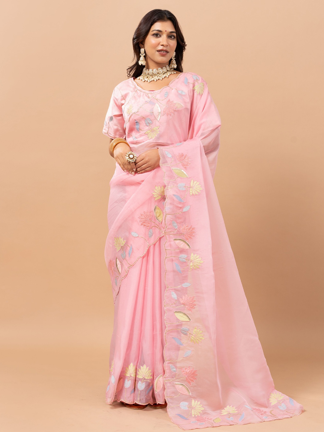 

VIRICA Floral Phulkari Embroidered Organza Saree, Pink