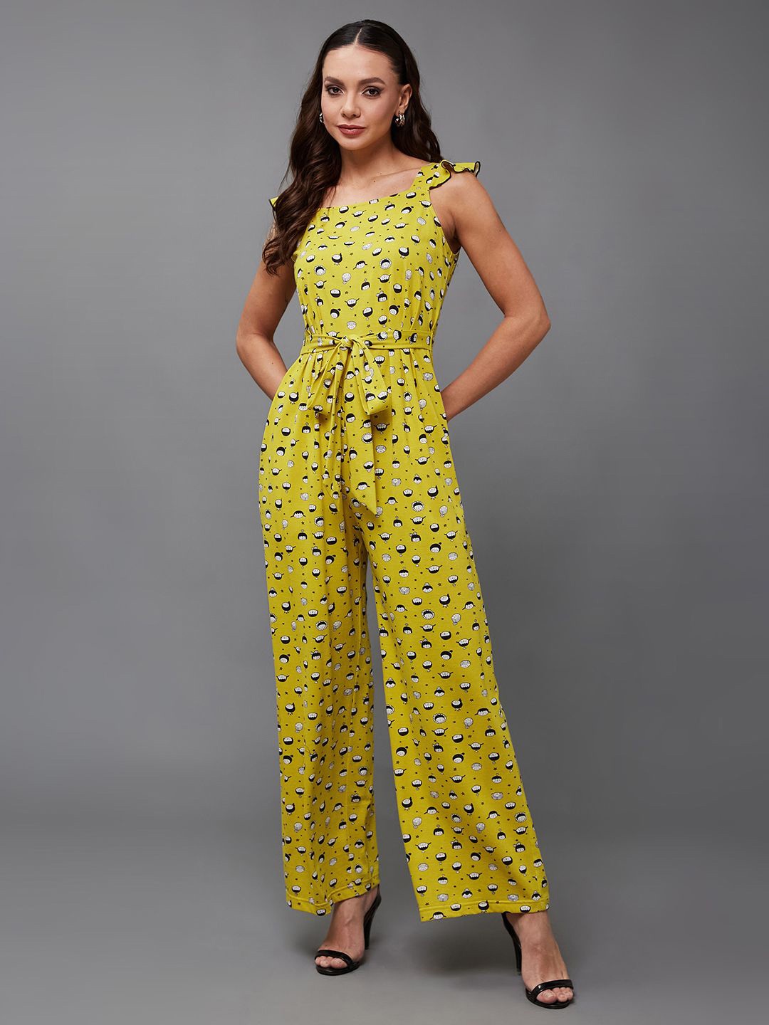 

Miss Chase Women Square Neck Sleeveless Waist Tie-Up Regular-Length Jumpsuit, Mustard