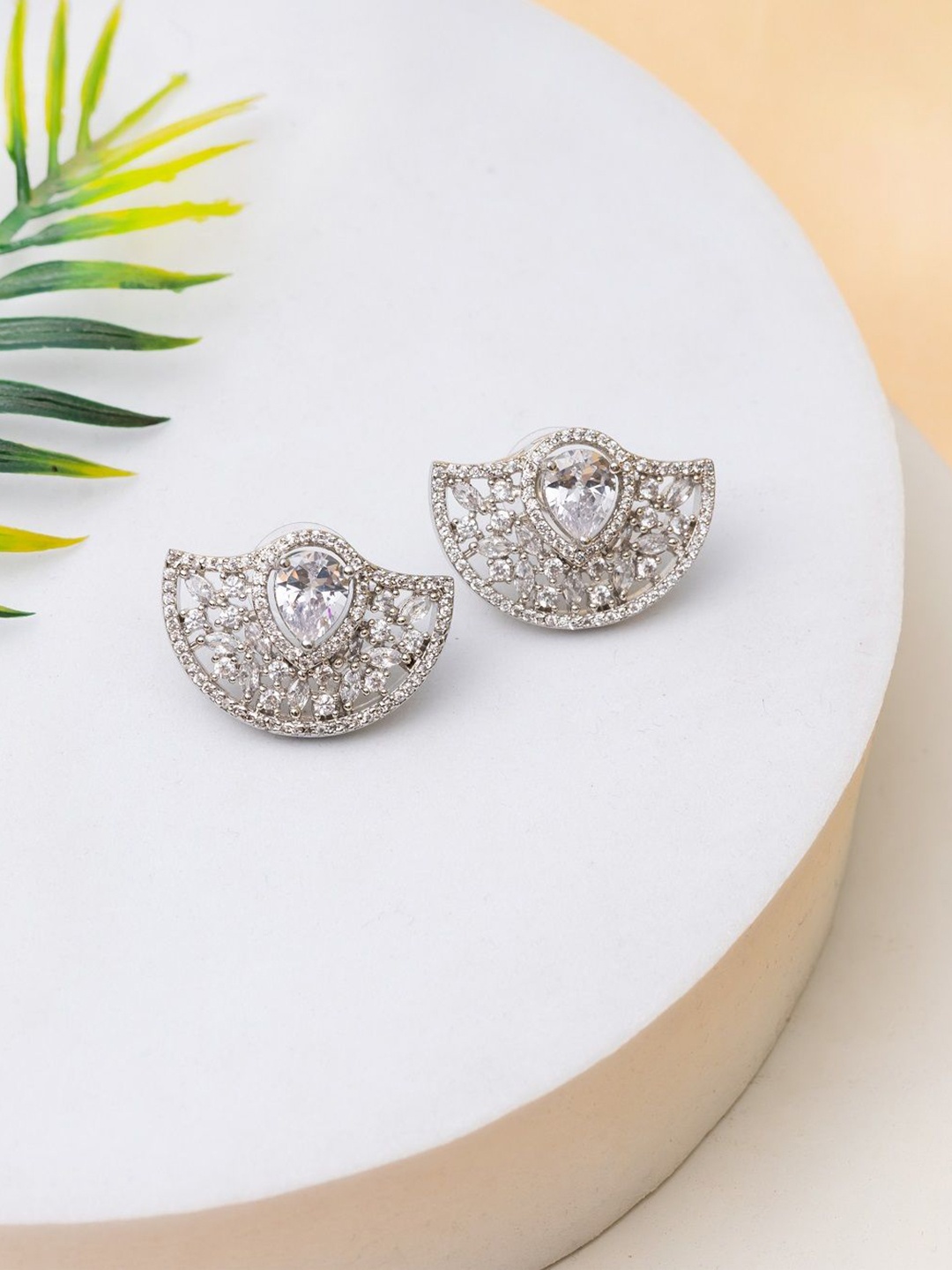 

PUTSTYLE Silver-Plated Quirky Semi Circle Shaped American Diamond Studded Studs Earrings