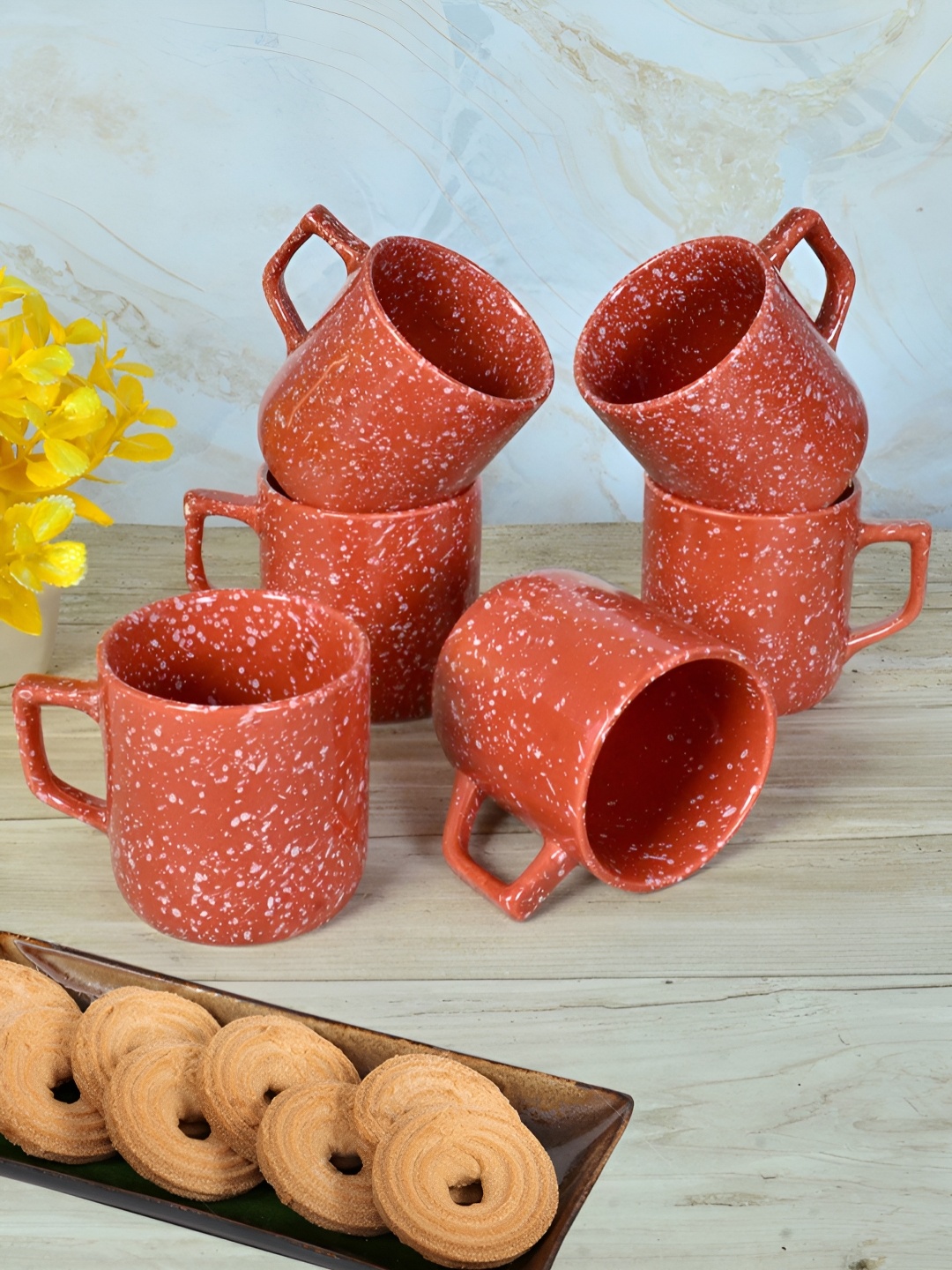 

FABINALIV Set of 6 Brown & White Printed Ceramics Glossy Cups