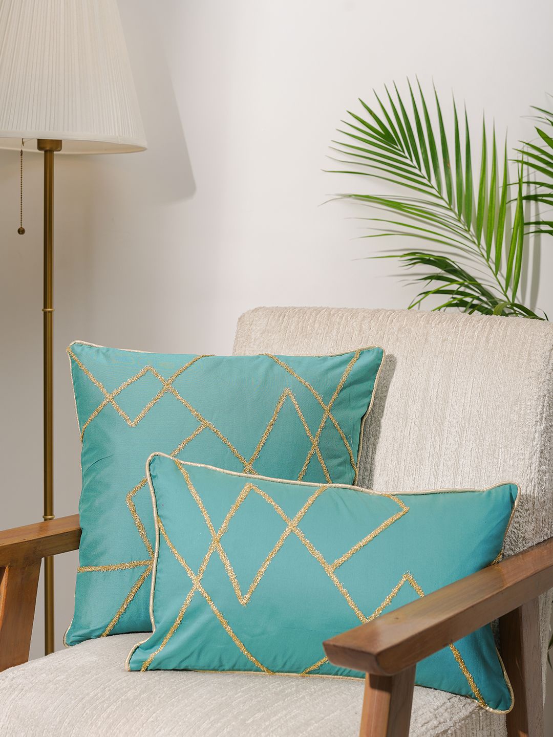 

India Circus by Krsnaa Mehta Teal & Gold-Toned Geometric Square Cushion Covers