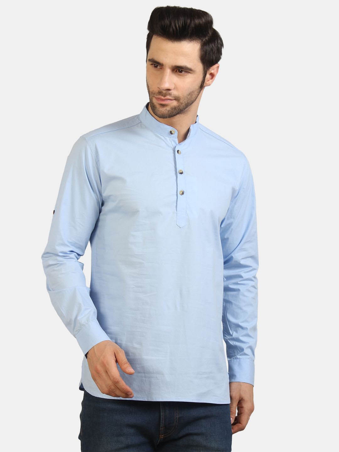 

EdinWolf Mandarin Collar Roll-Up Sleeves Cotton Straight Short Kurta, Blue