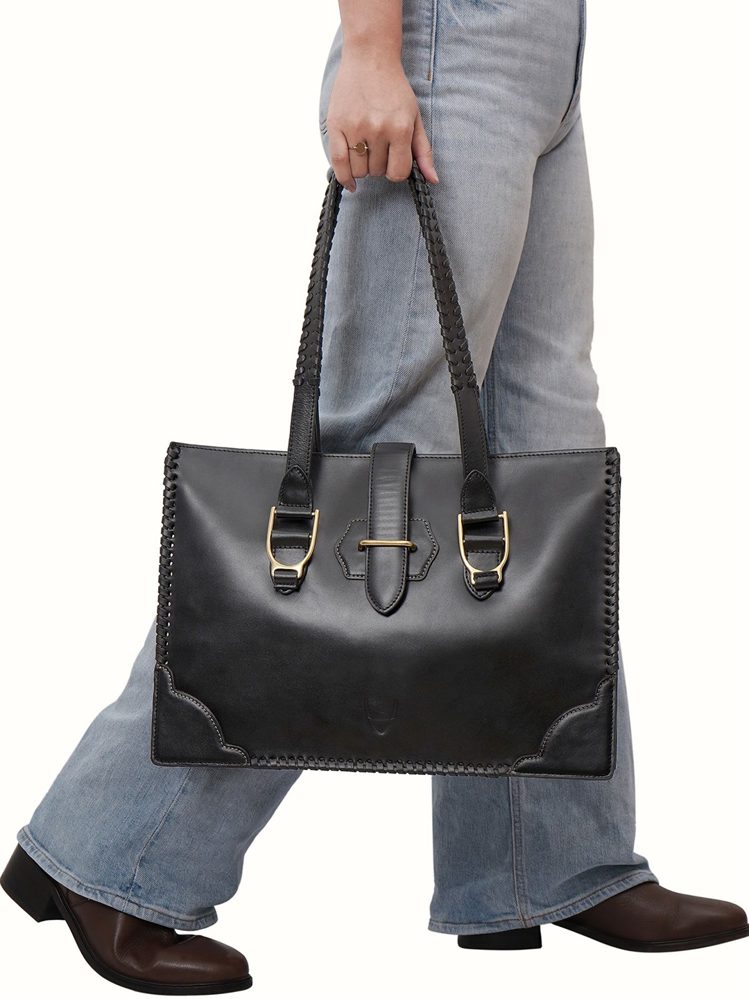 

Hidesign Leather Structured Shoulder Bag with Quilted, Black