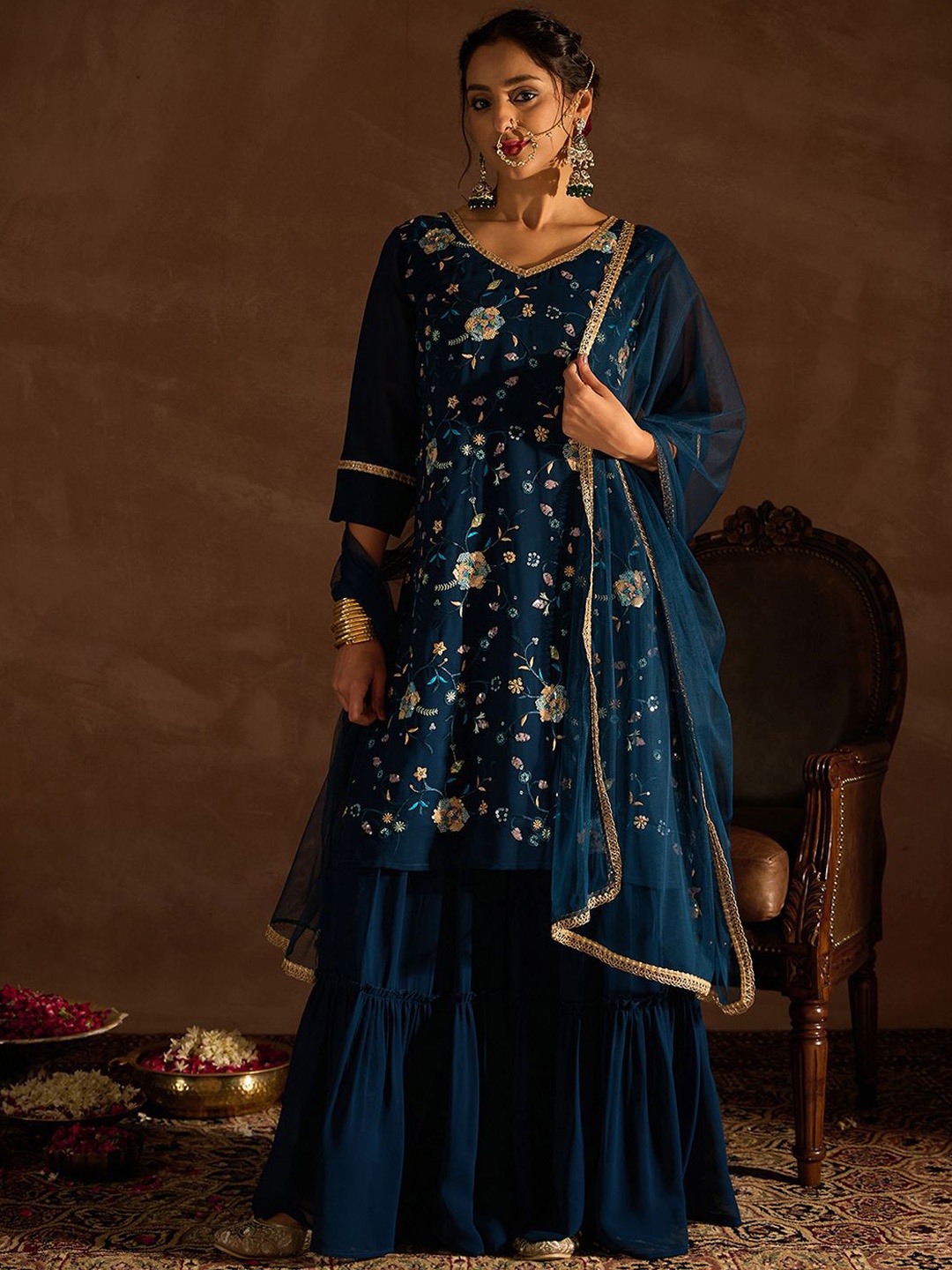 

Indo Era Floral Embroidered V-Neck Thread Work Straight Kurta With Sharara & Dupatta, Teal