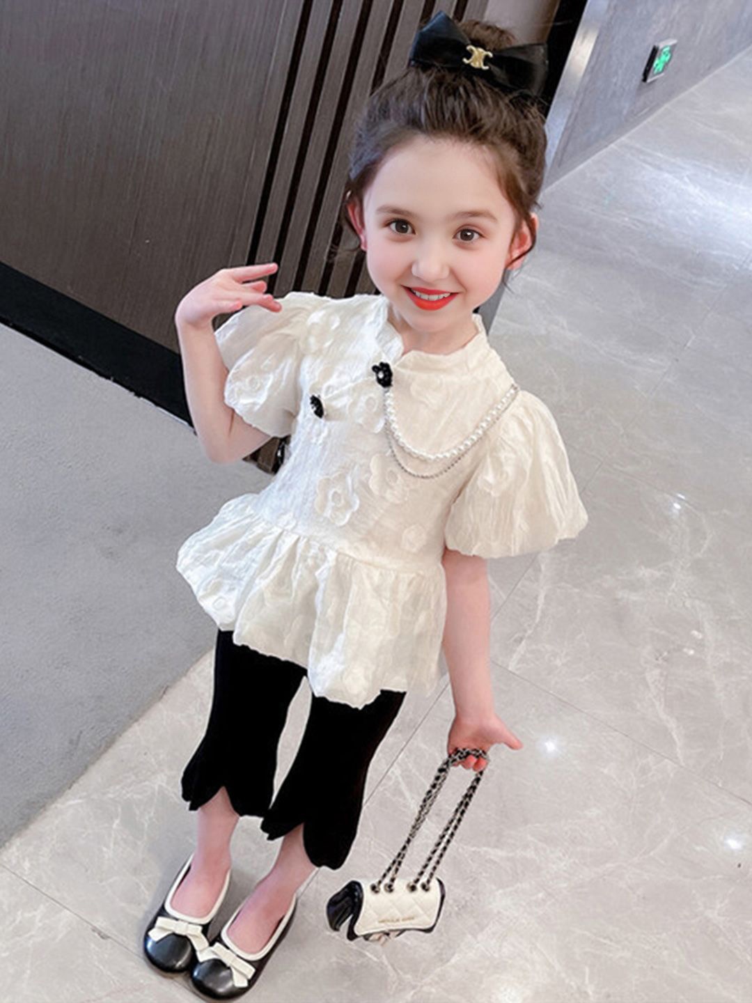 

INCLUD Girls Mandarin Collar Peplum Top With Pants, White