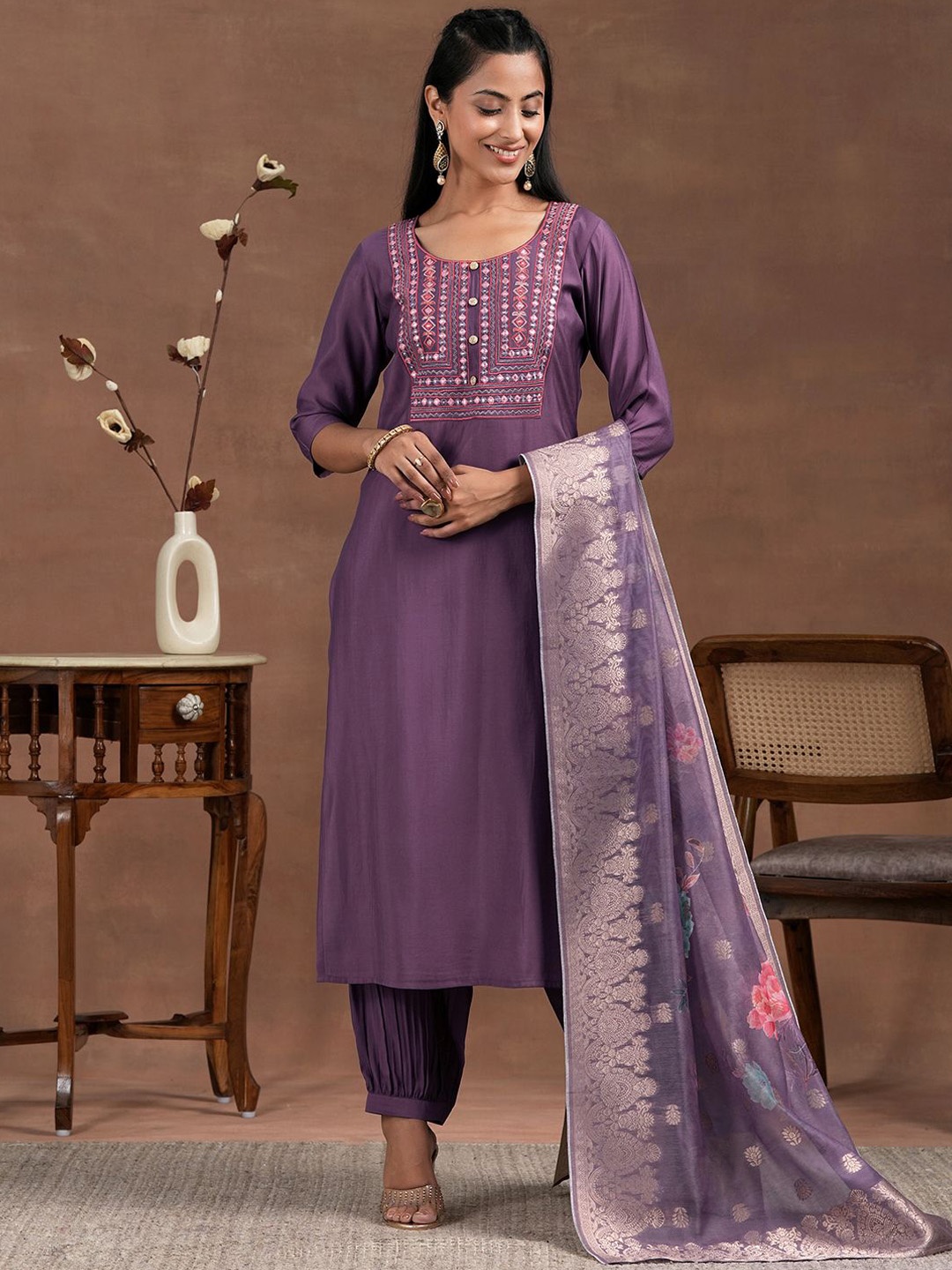 

Libas Floral Yoke Design Thread Work Straight Kurta with Salwar & With Dupatta, Purple