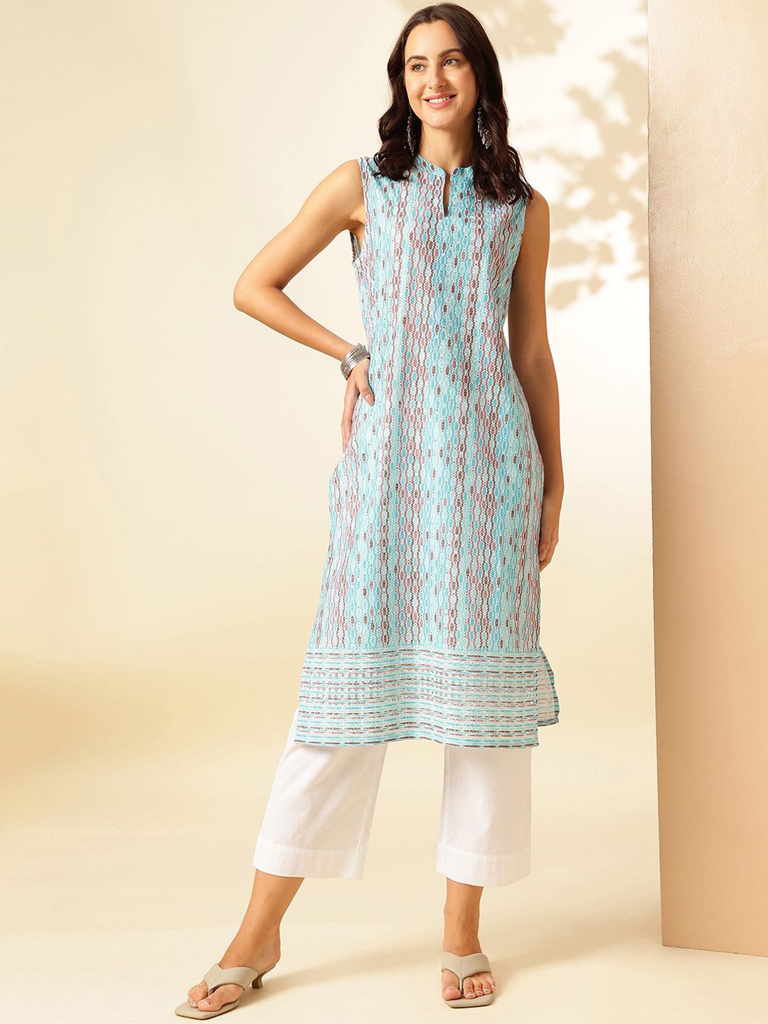 

Anouk Rustic Geometric Printed Mandarin Collar Pure Cotton Straight Kurta, Turquoise blue