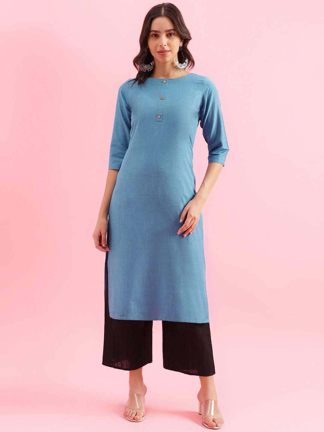 

Shaily Round Neck Three-Quarter Sleeves Straight Kurta, Blue