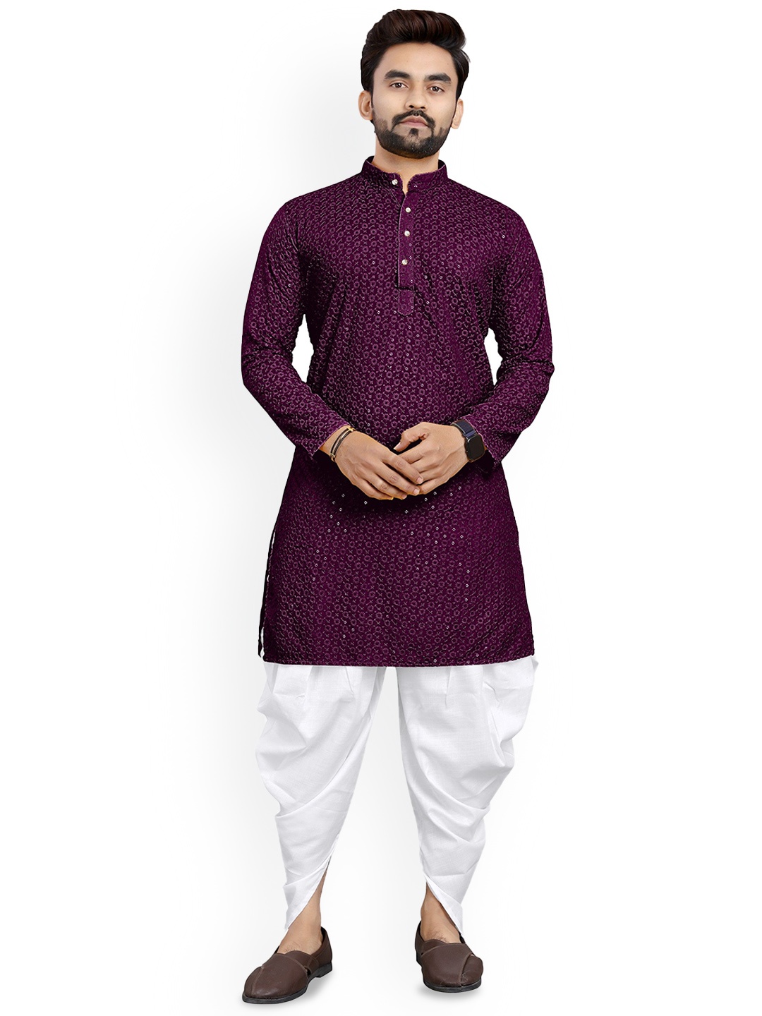 

trustous Floral Embroidered Sequinned Mandarin Collar Straight Kurta with Dhoti Pants, Purple