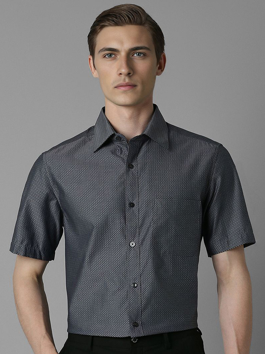 

Louis Philippe Men Classic Spread Collar Geometric Printed Cotton Formal Shirt, Grey