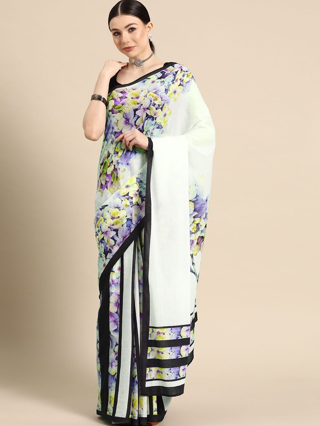 

BUTA BUTI Floral Pure Cotton Saree, Off white