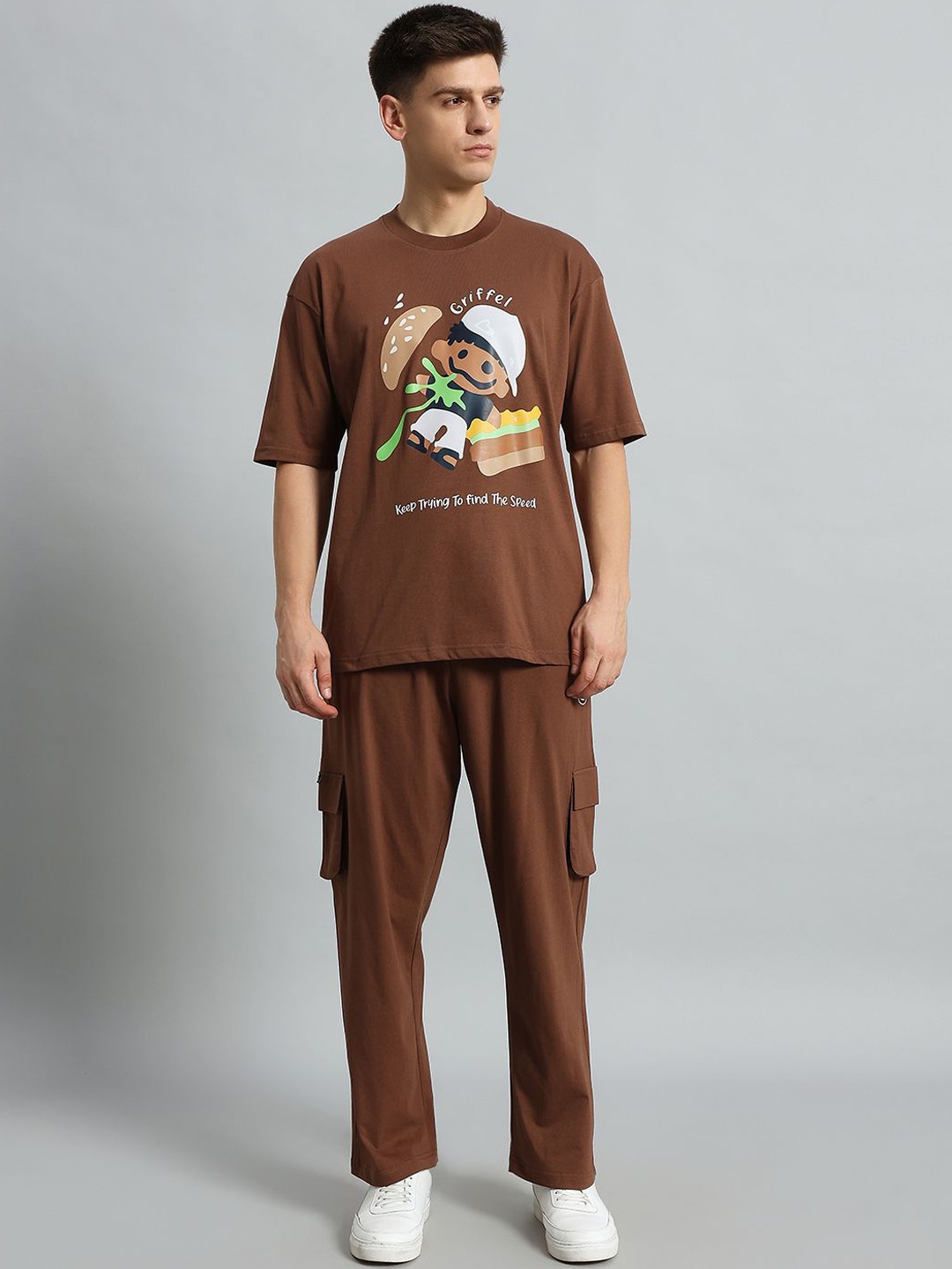 

GRIFFEL Printed Pure Cotton T-Shirt With Trouser, Coffee brown