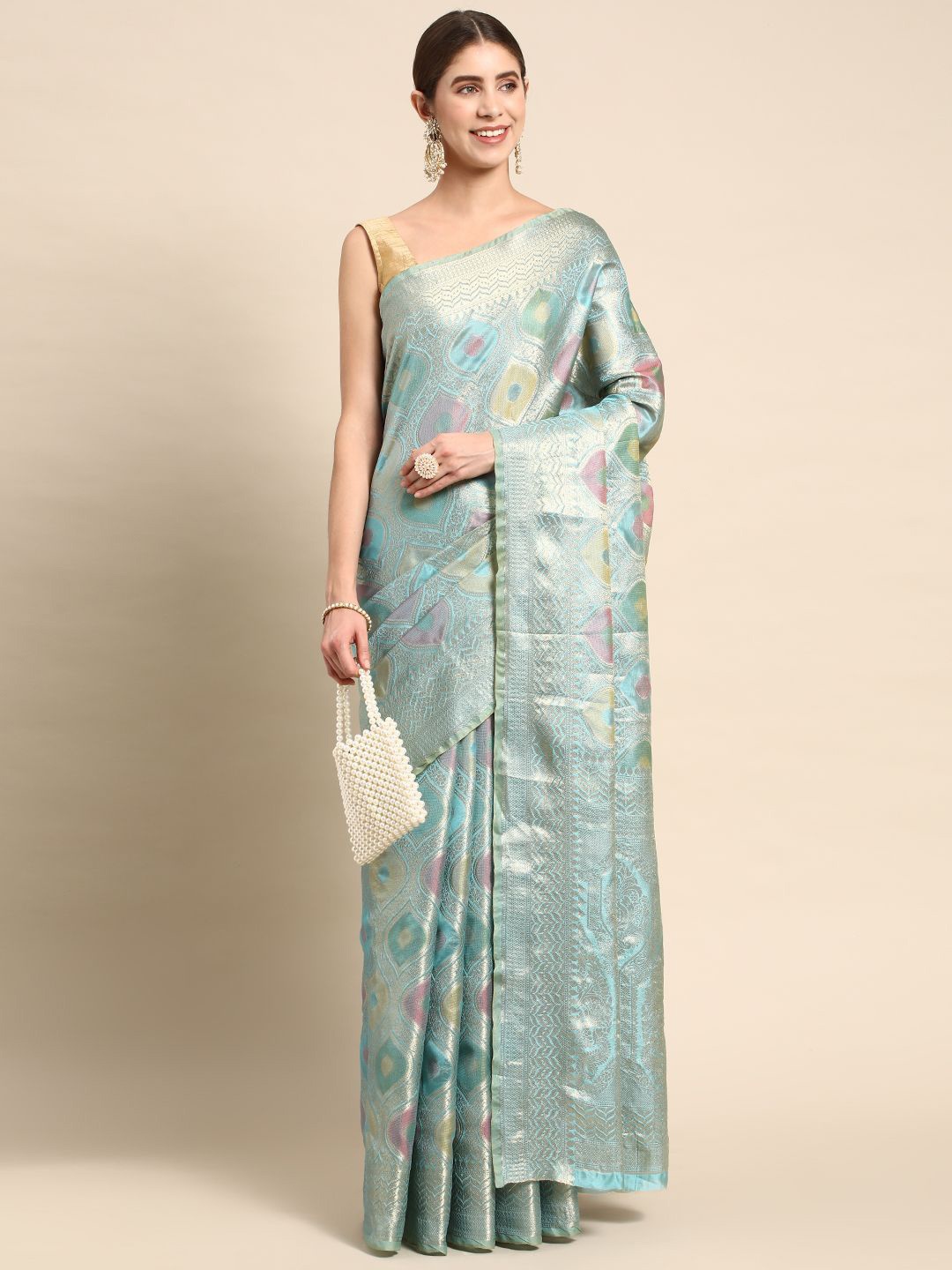 

KIMISHA Woven Design Zari Organza Kanjeevaram Saree, Blue