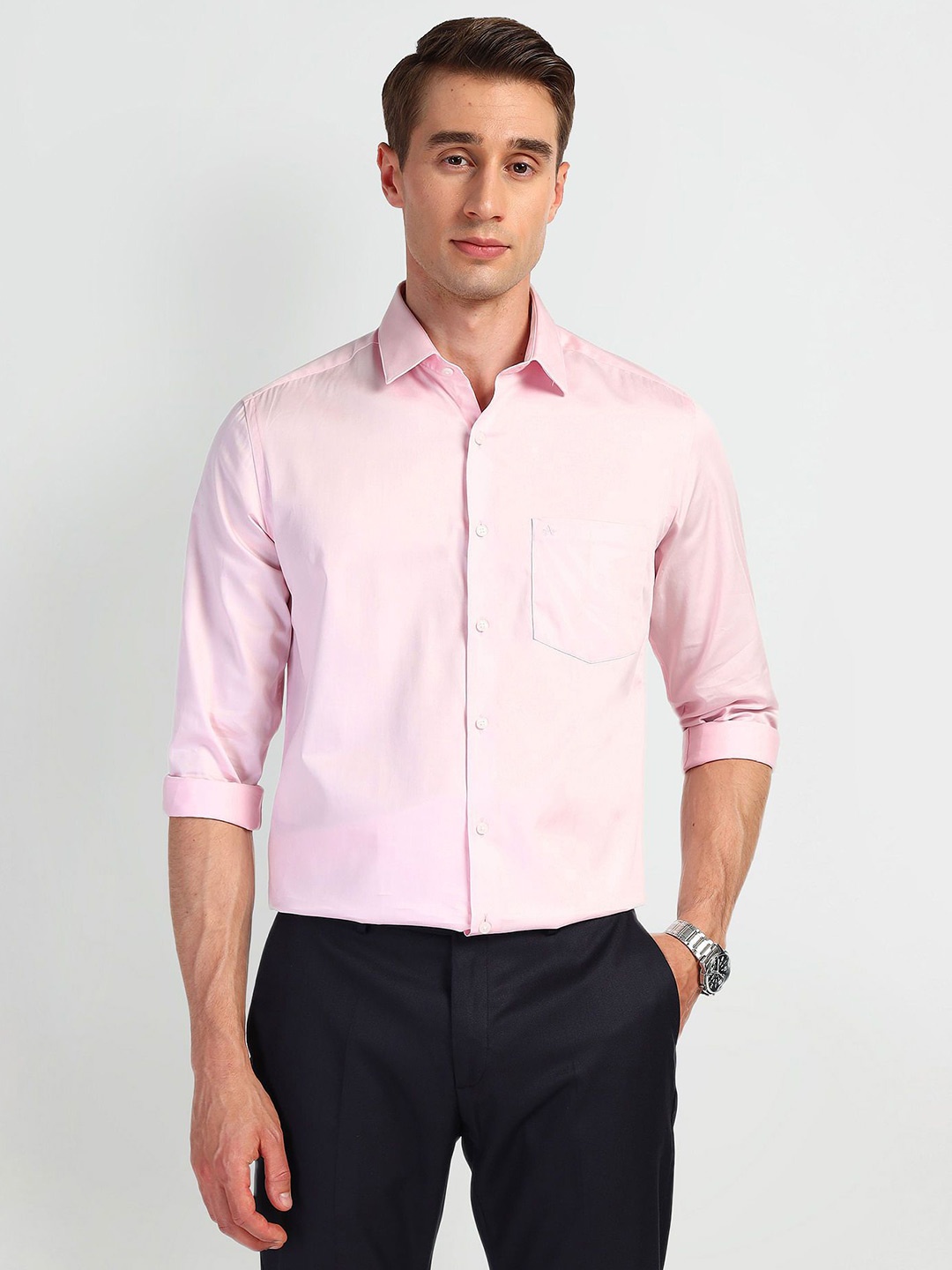 

Arrow Men Spread Collar Solid Cotton Slim Fit Formal Shirt, Pink