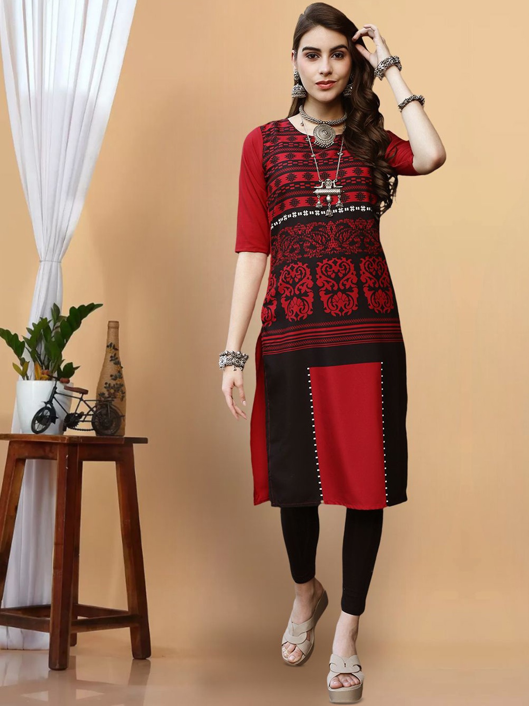 

7Threads Ethnic Motifs Printed Round Neck Straight Kurta, Navy blue