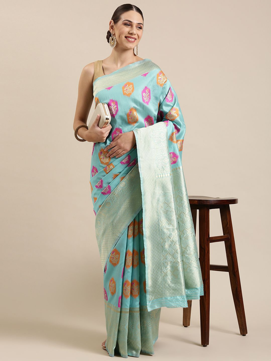 

KIMISHA Woven Design Zari Saree, Sea green