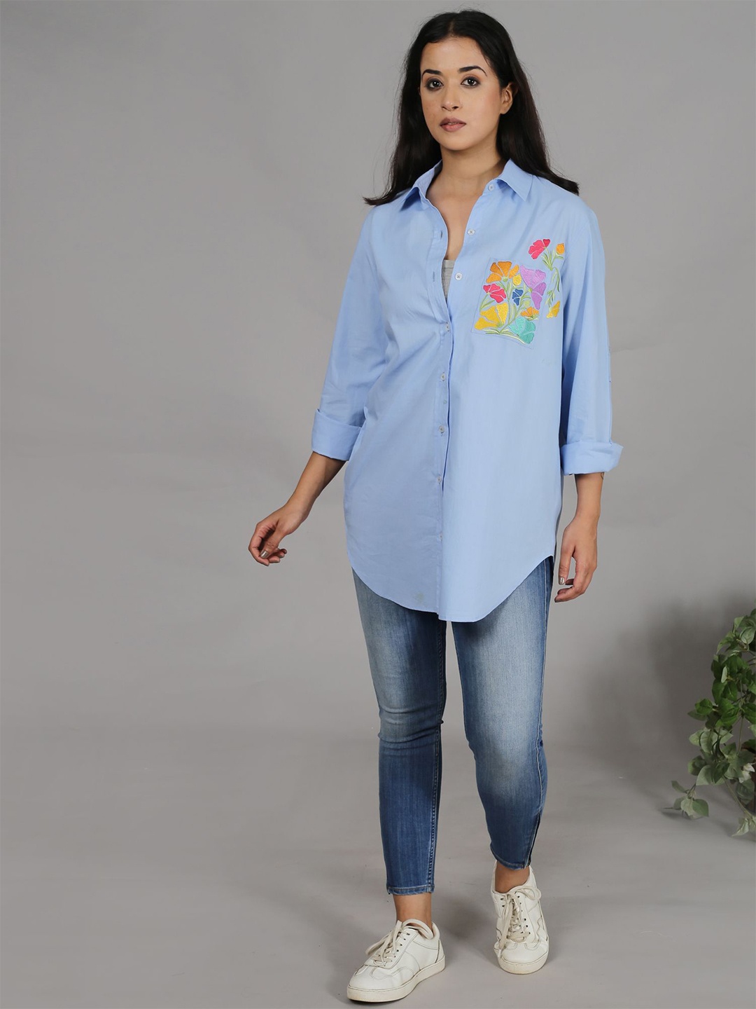 

Spring Soul Women Relaxed Spread Collar Floral Printed Cotton Relaxed Fit Casual Shirt, Blue