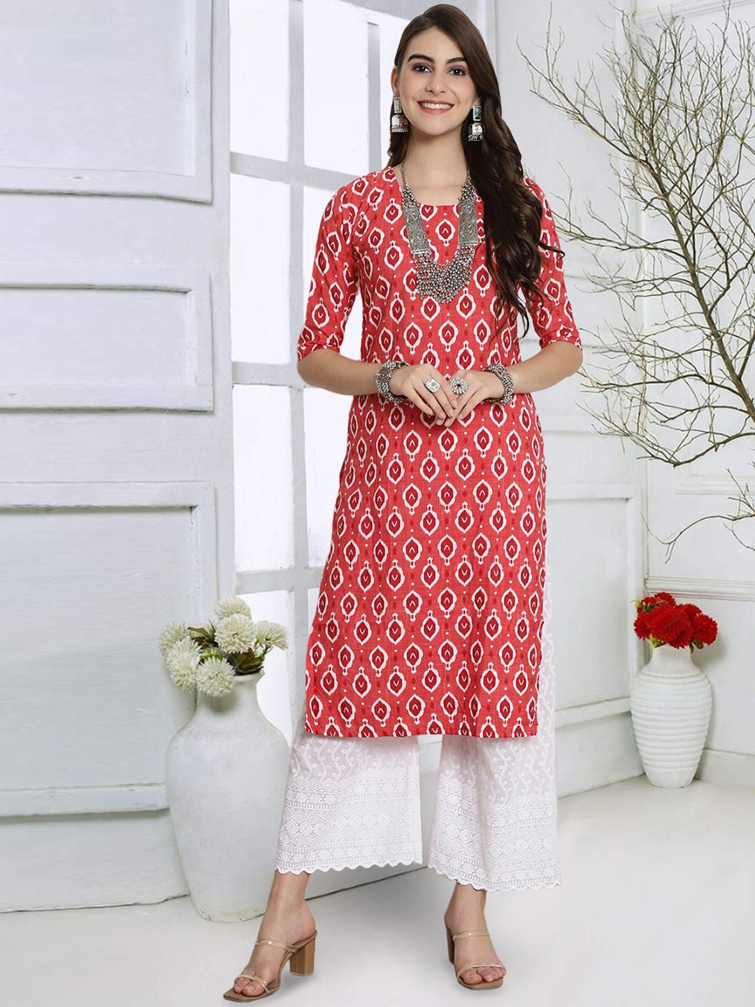 

KALINI Ethnic Motifs Printed Crepe Straight Kurta, Red