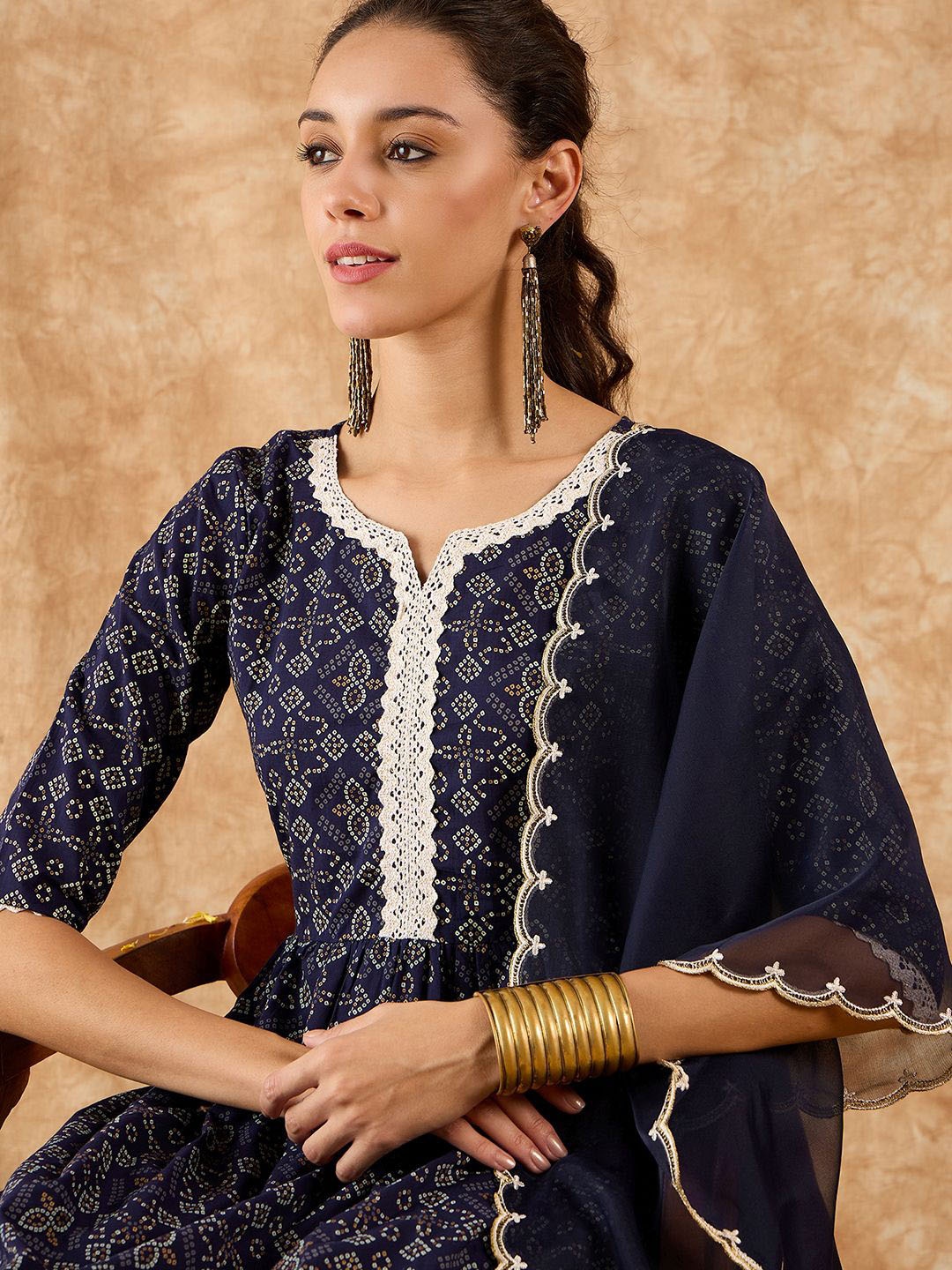 

Indo Era Bandhani Printed A-Line Kurta with Trousers & Dupatta, Navy blue